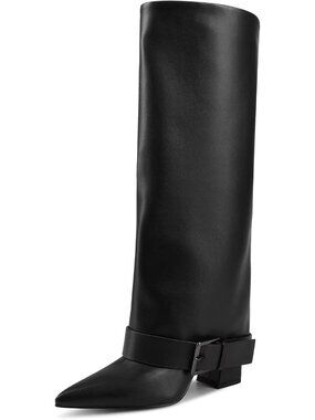 Women's Black Fold Over Chunky High Heel Wide Calf Pointed Toe Boot Belt Buckle
